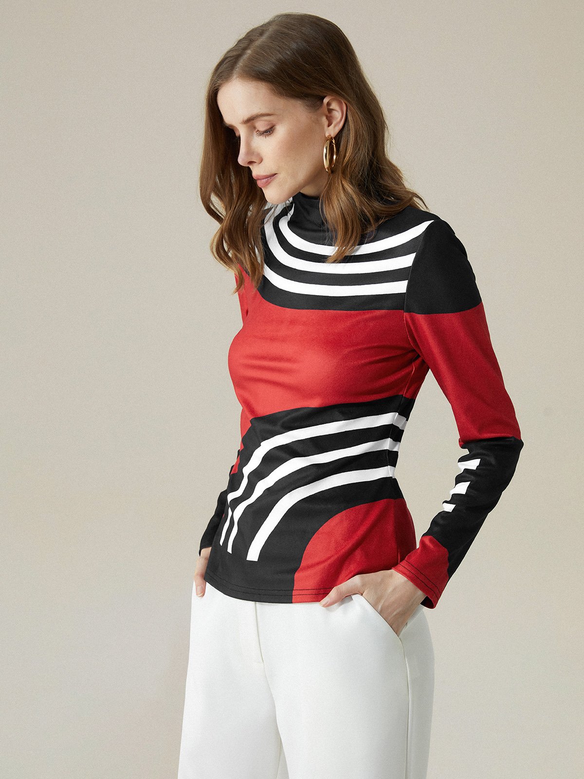 Long Sleeve Urban Geometric Turtleneck T-Shirt