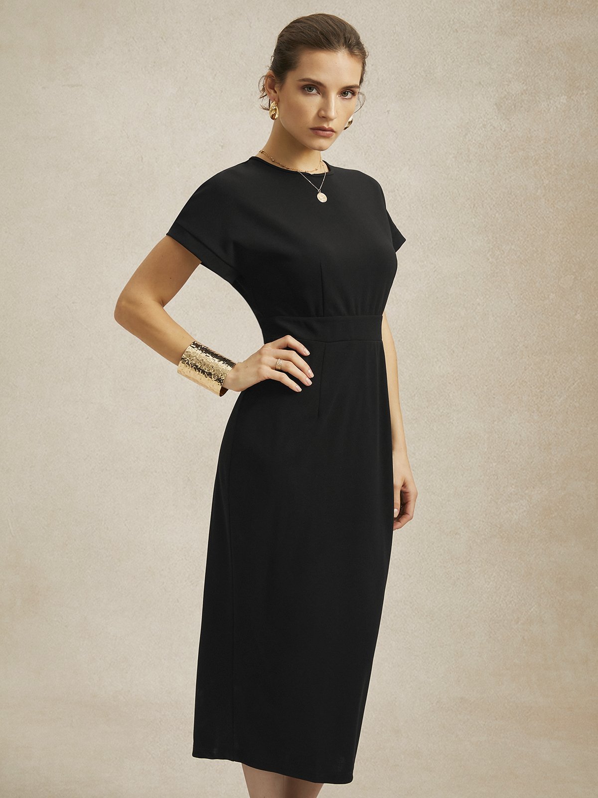 Urban Crew Neck Tight Midi Dress With No Belt