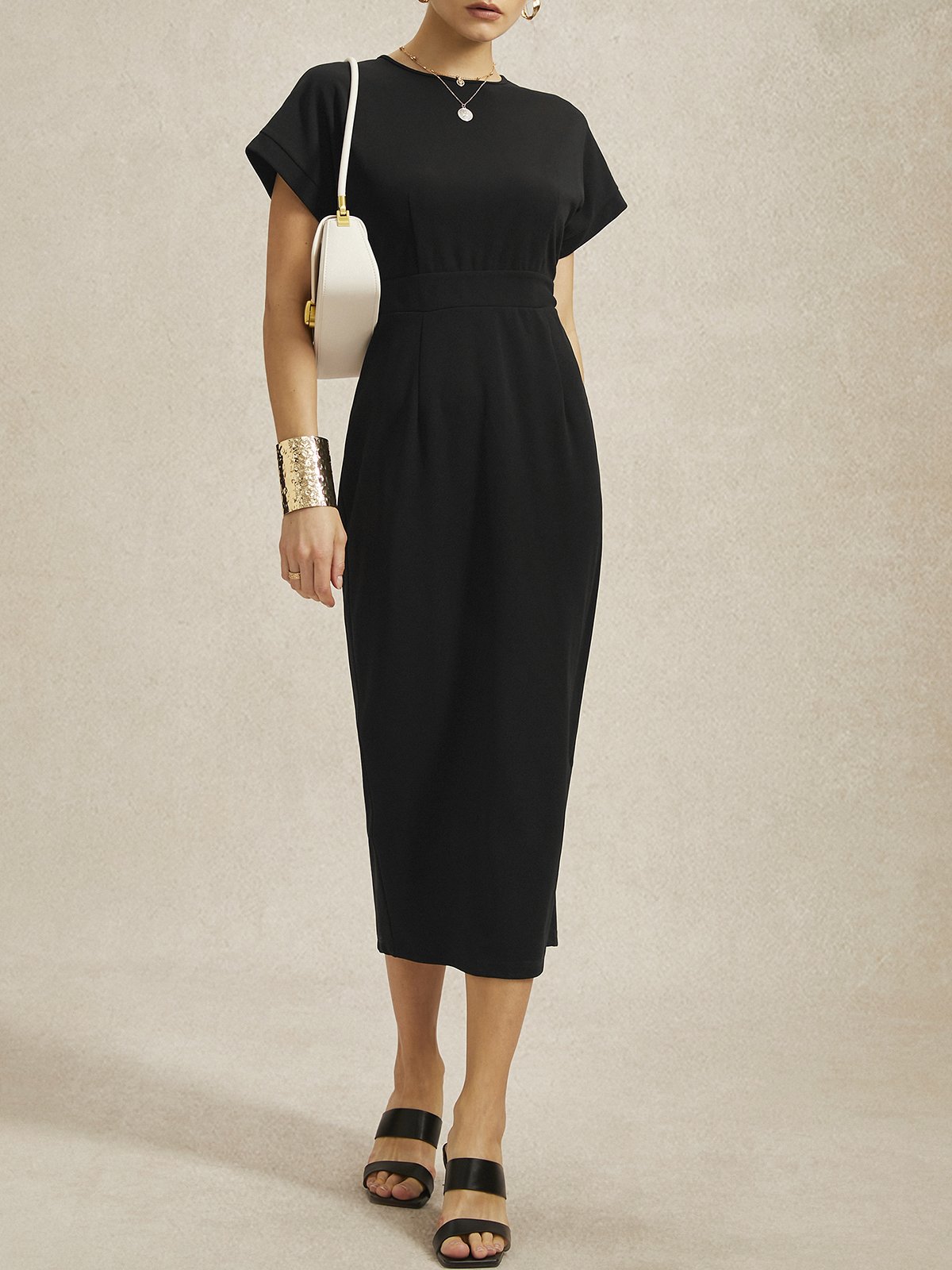 Urban Crew Neck Tight Midi Dress With No Belt