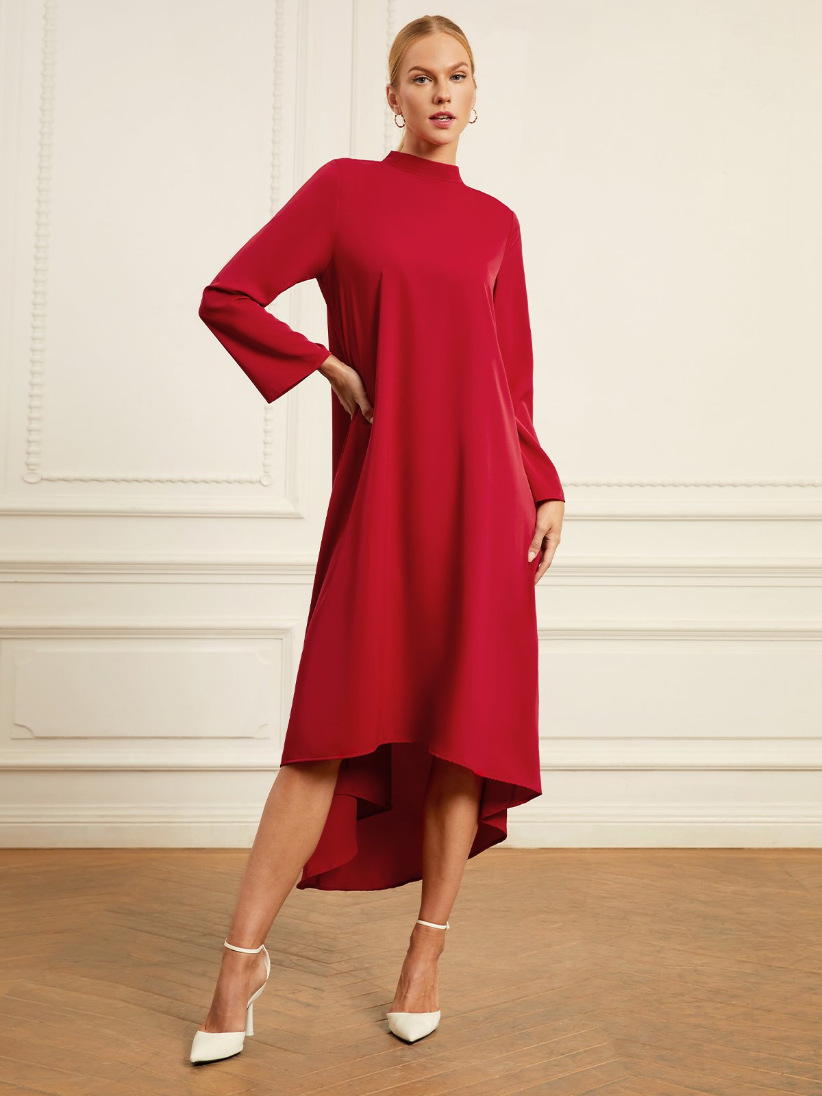 Plain Long sleeve Stand Collar Simple Regular Fit Dress