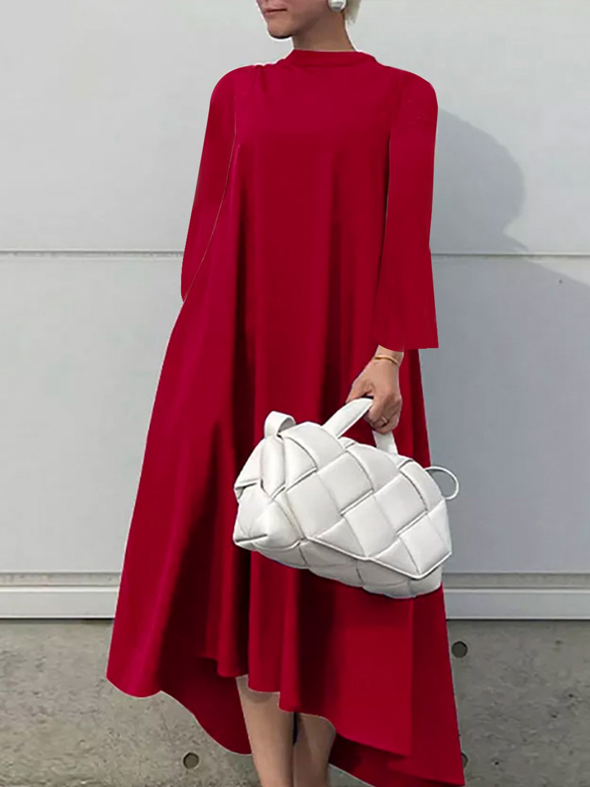 Plain Long sleeve Stand Collar Simple Regular Fit Dress