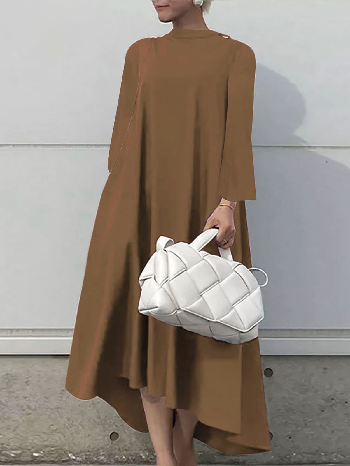 Plain Long sleeve Stand Collar Simple Regular Fit Dress