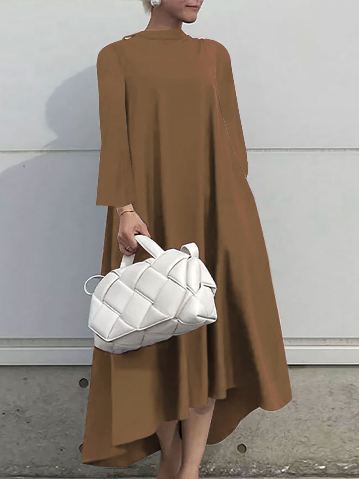 Plain Long sleeve Stand Collar Simple Regular Fit Dress