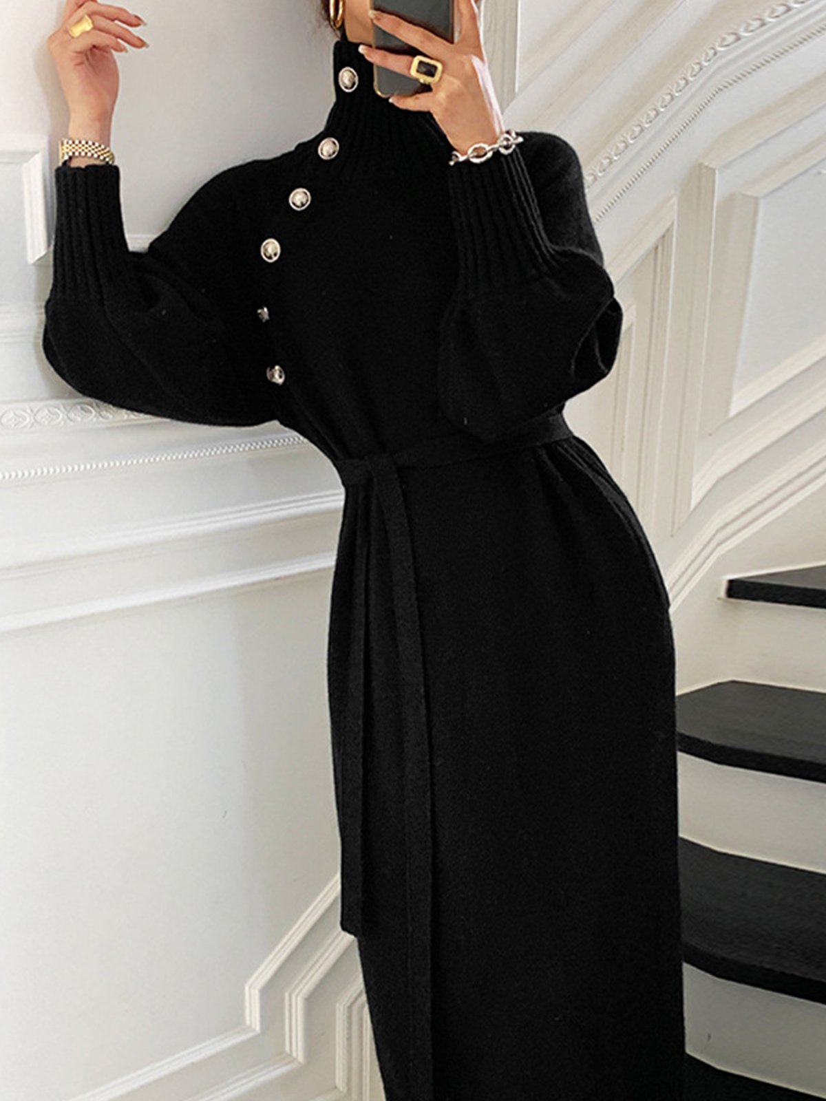 Long sleeve Loose Elegant Plain Midi Dress