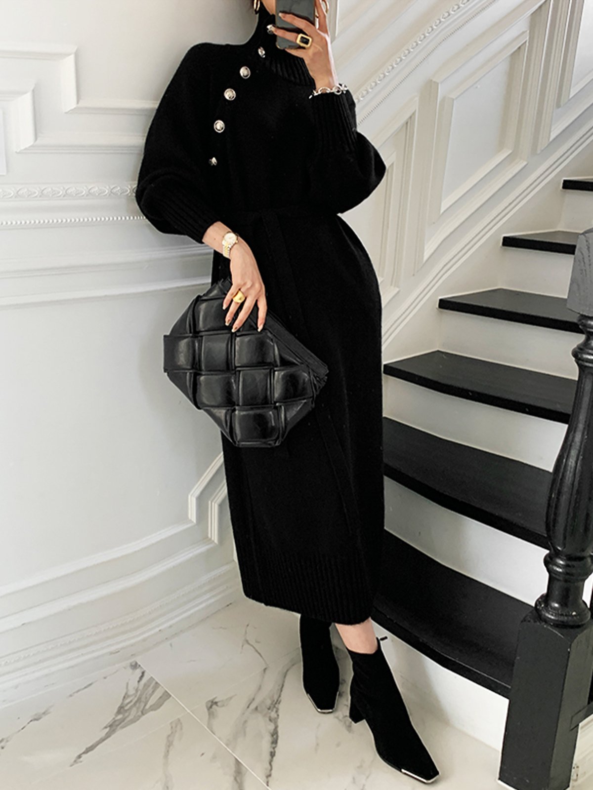 Long sleeve Loose Elegant Plain Midi Dress