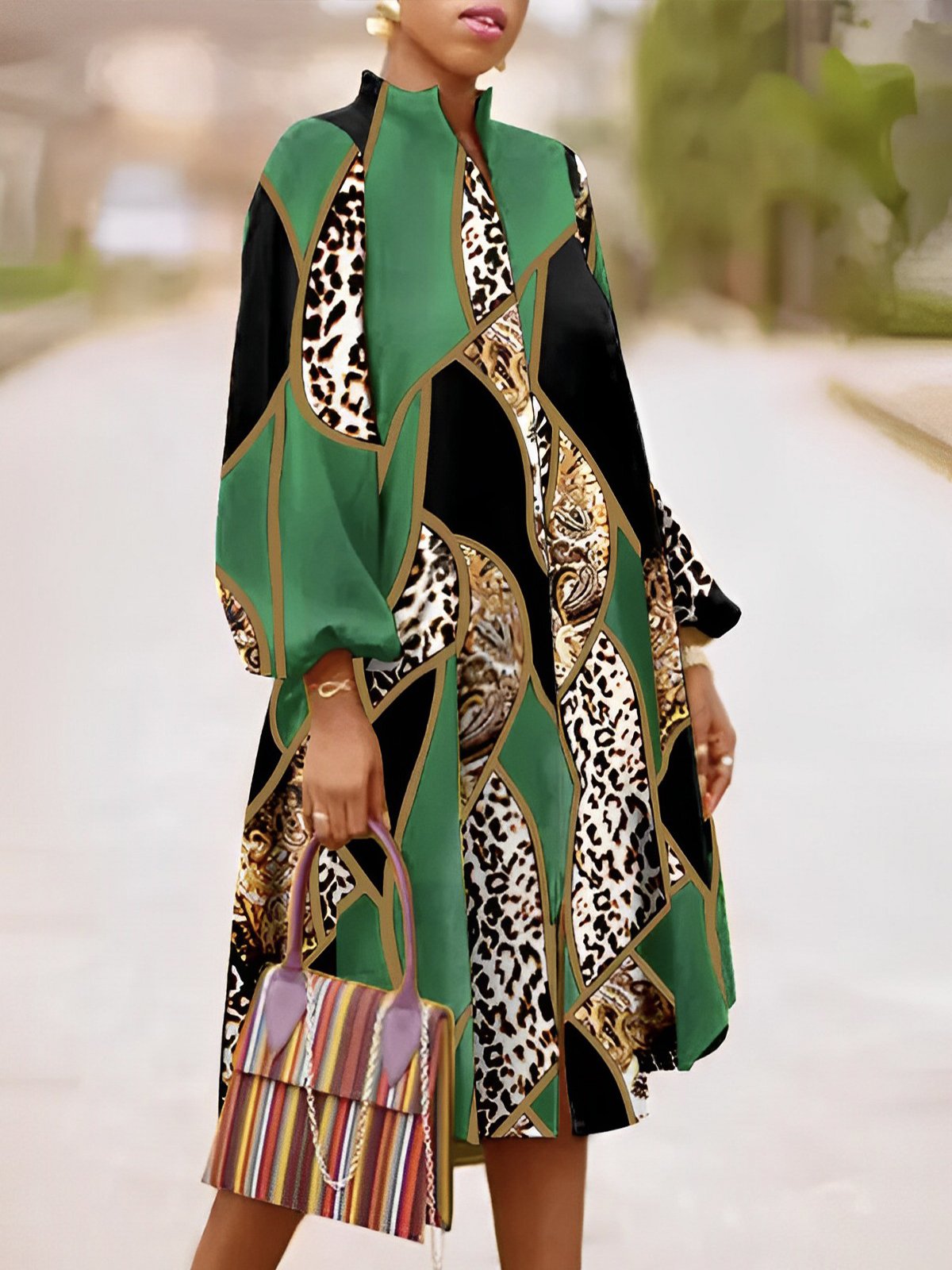 Long sleeve Loose Geometric Stand Collar Urban Dress