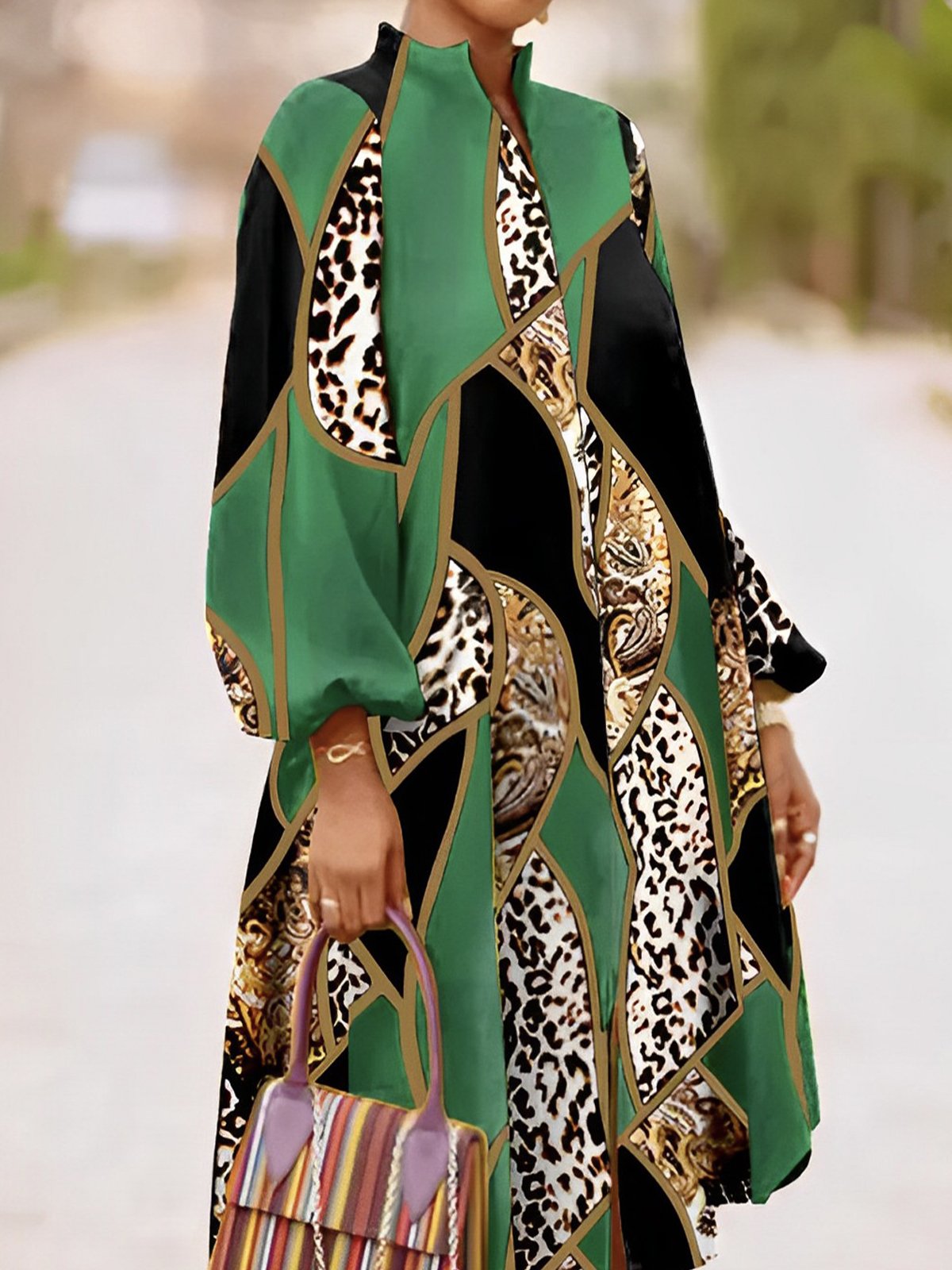 Long sleeve Loose Geometric Stand Collar Urban Dress