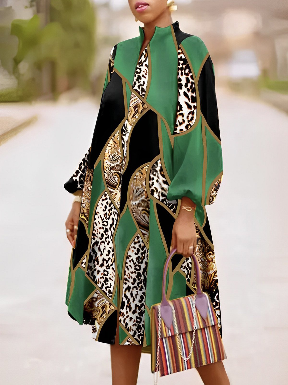 Long sleeve Loose Geometric Stand Collar Urban Dress
