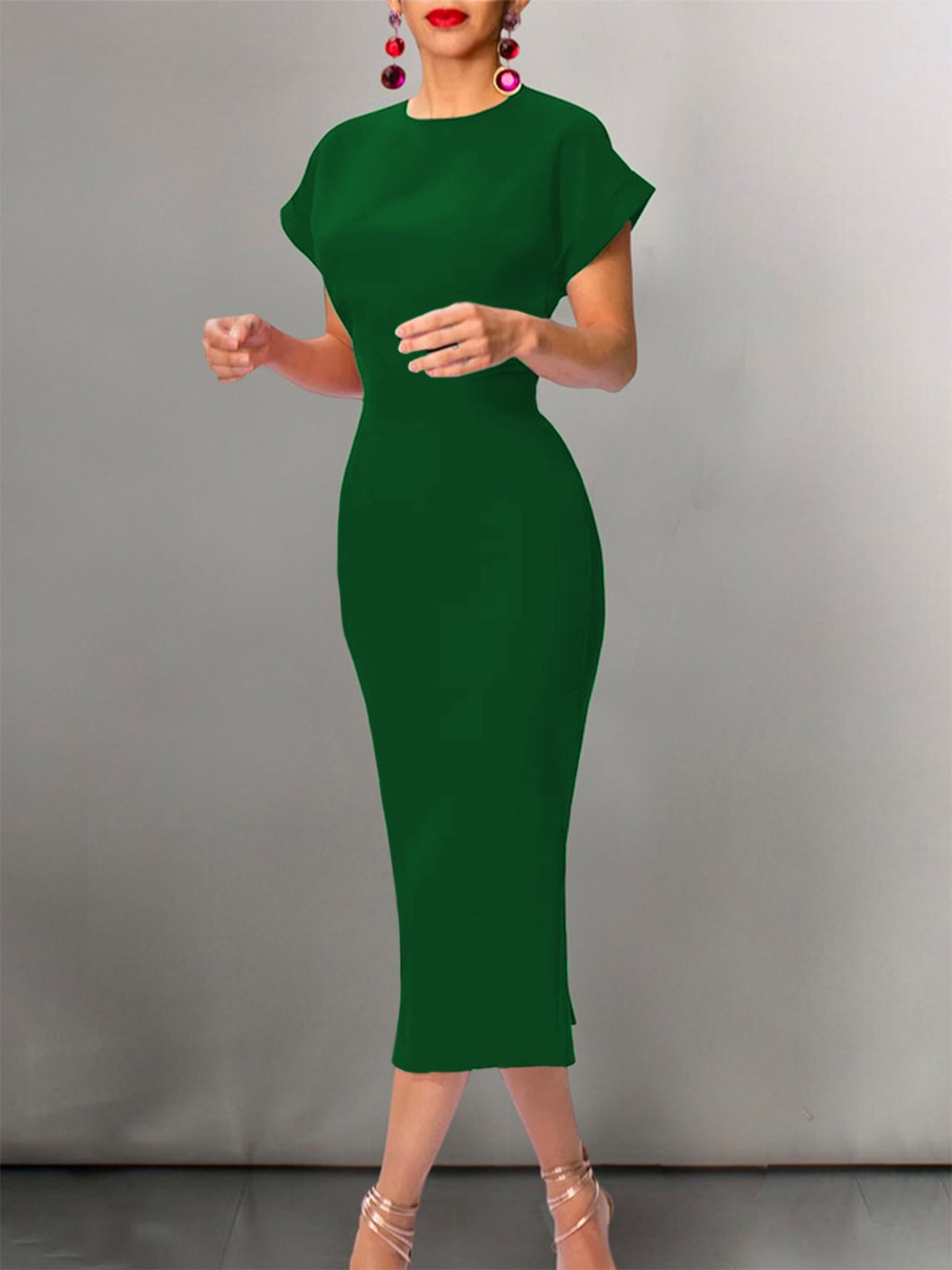 Urban Crew Neck Tight Midi Dress With No Belt