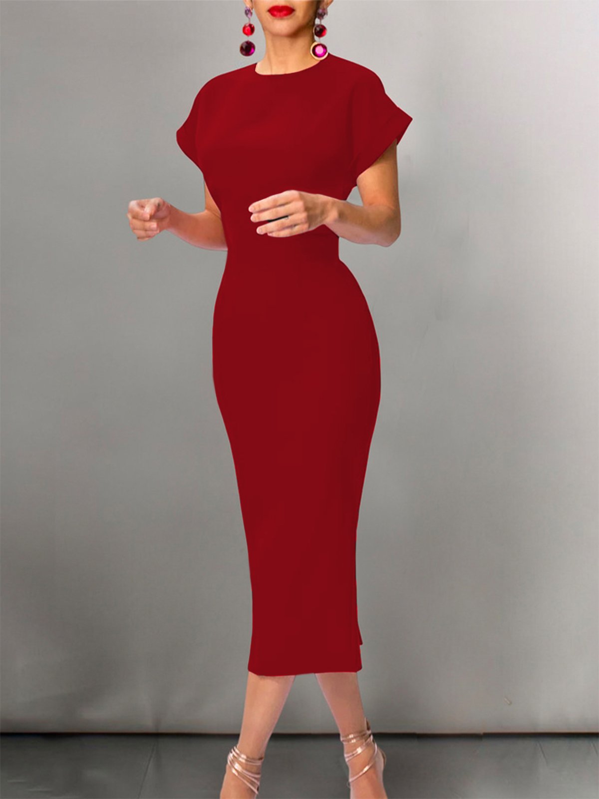 Urban Crew Neck Tight Midi Dress With No Belt