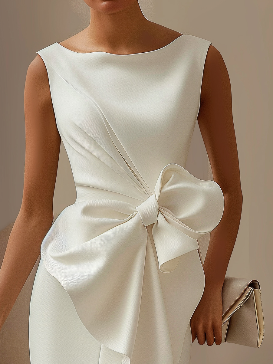 Urban Crew Neck Bow Plain Dress For Women