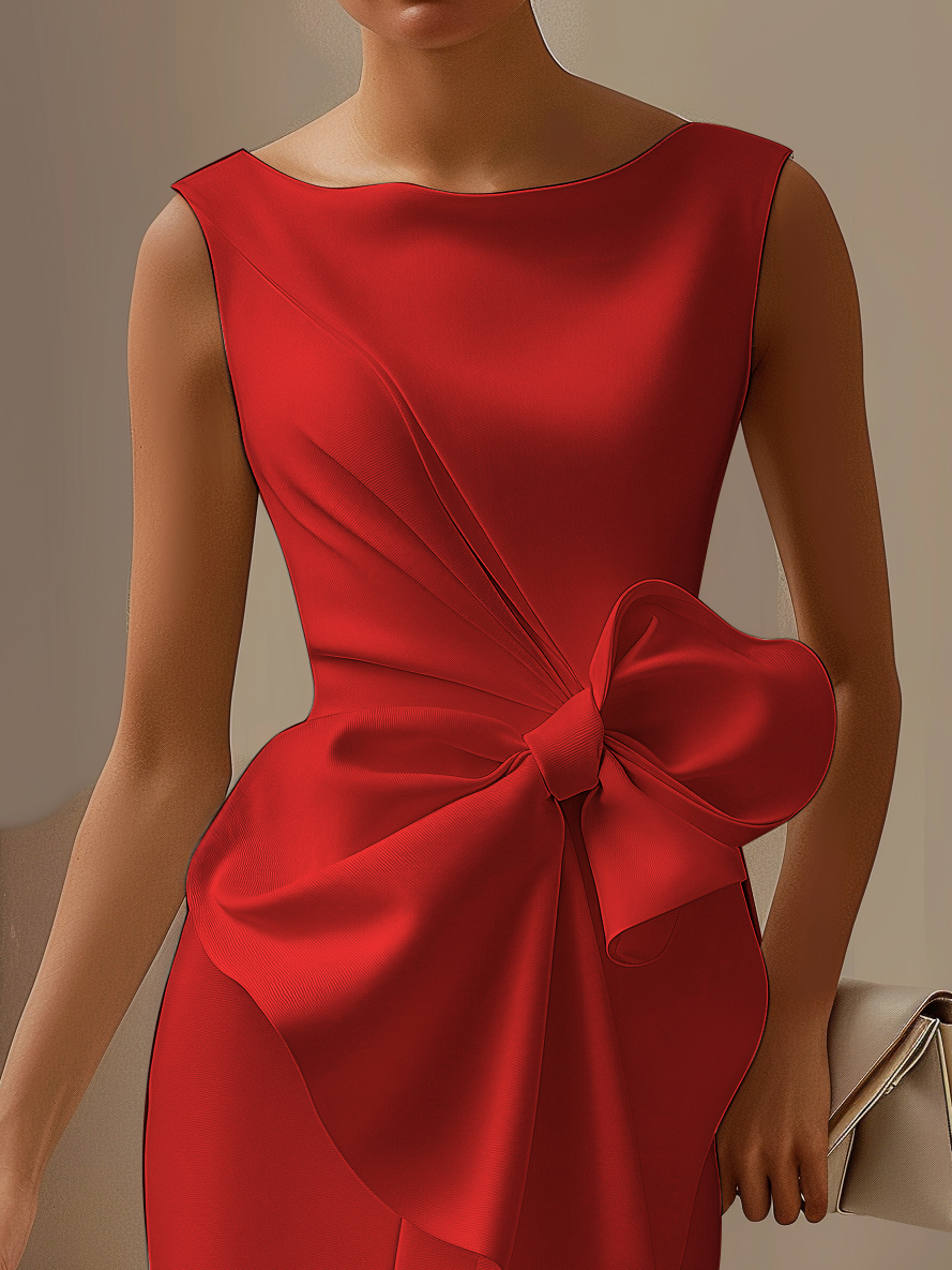 Urban Crew Neck Bow Plain Dress For Women