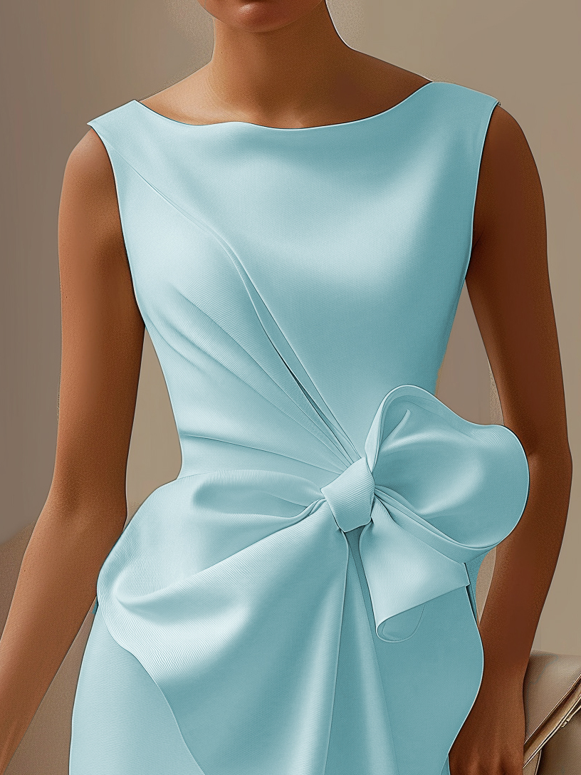 Urban Crew Neck Bow Plain Dress For Women