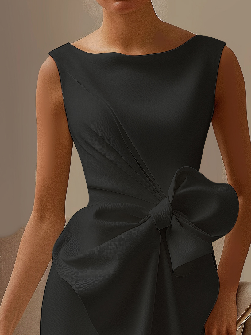 Urban Crew Neck Bow Plain Dress For Women