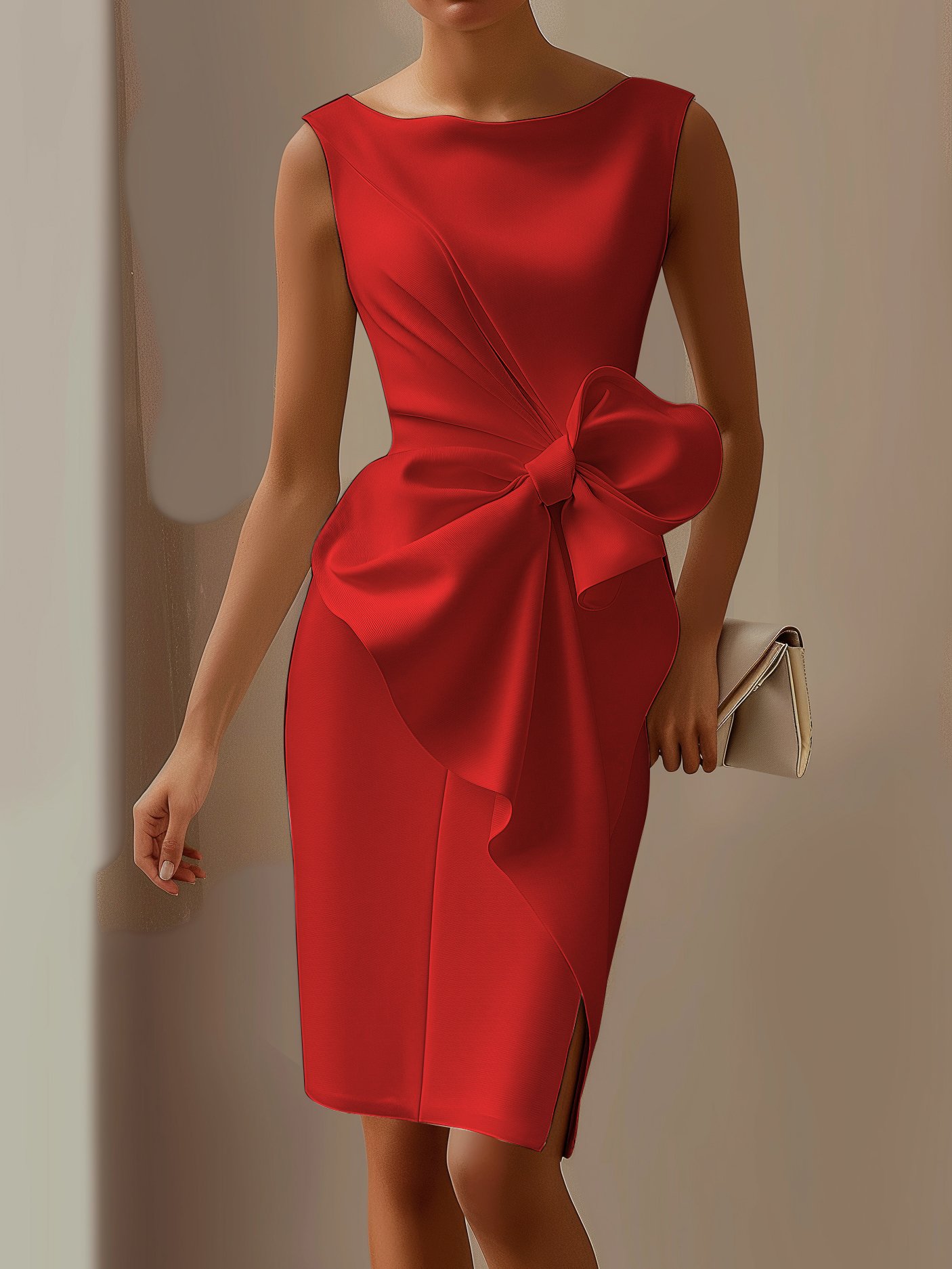Urban Crew Neck Bow Plain Dress For Women