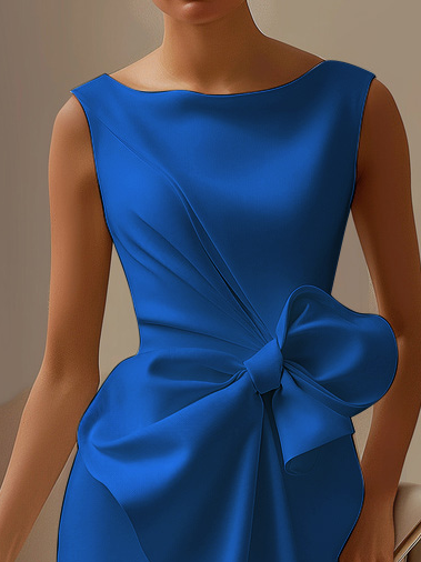 Urban Crew Neck Bow Plain Dress For Women