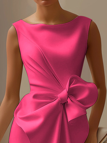 Urban Crew Neck Bow Plain Dress For Women