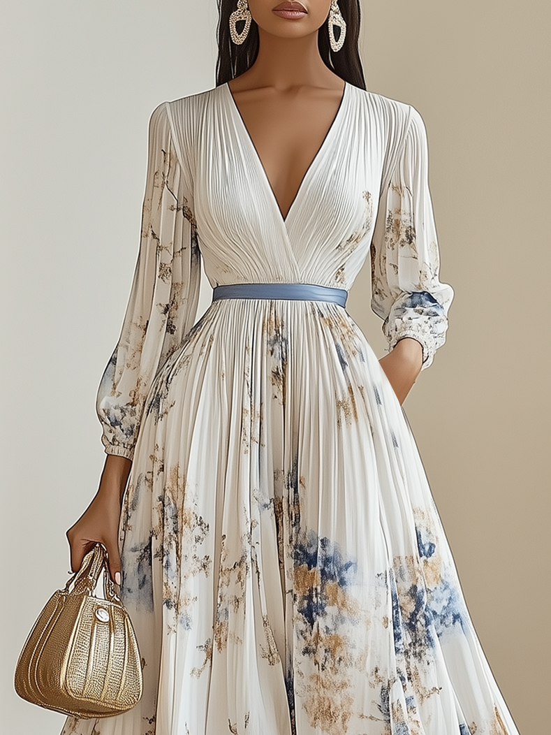 Morden Balloon Sleeve V Neck Dress With No