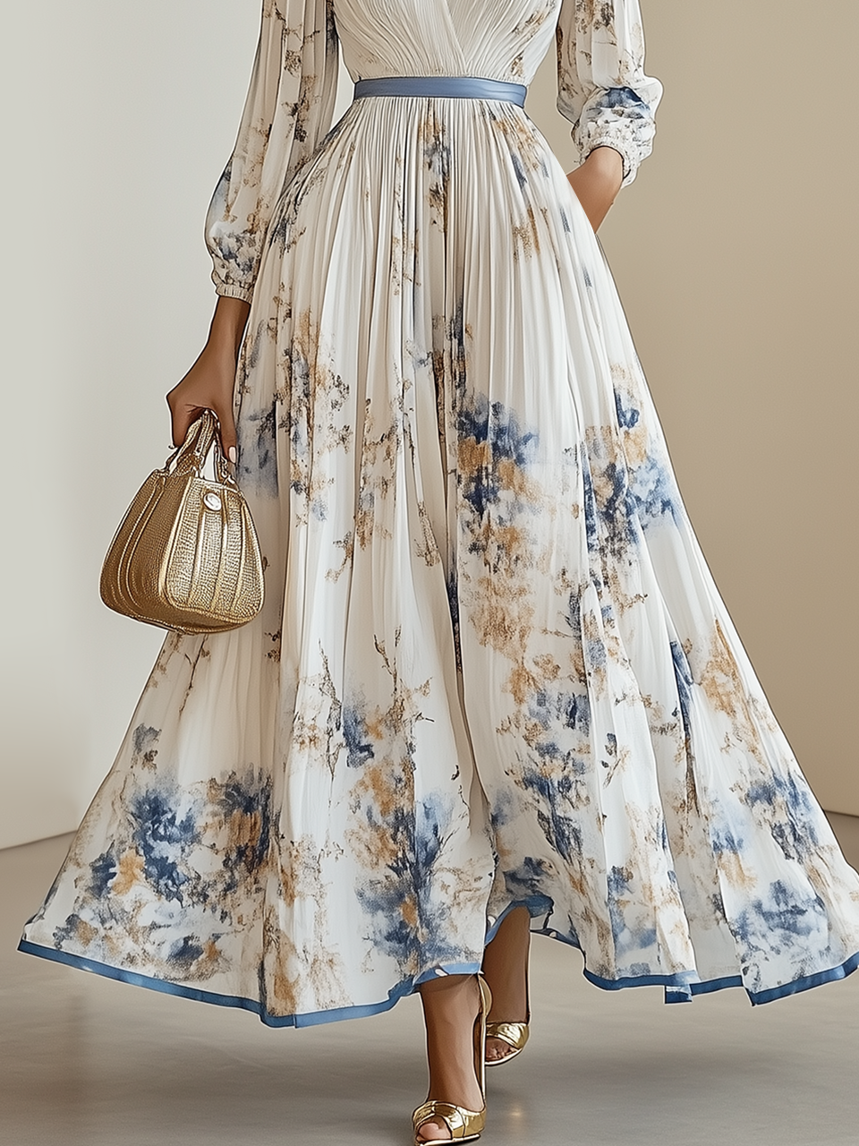 Morden Balloon Sleeve V Neck Dress With No