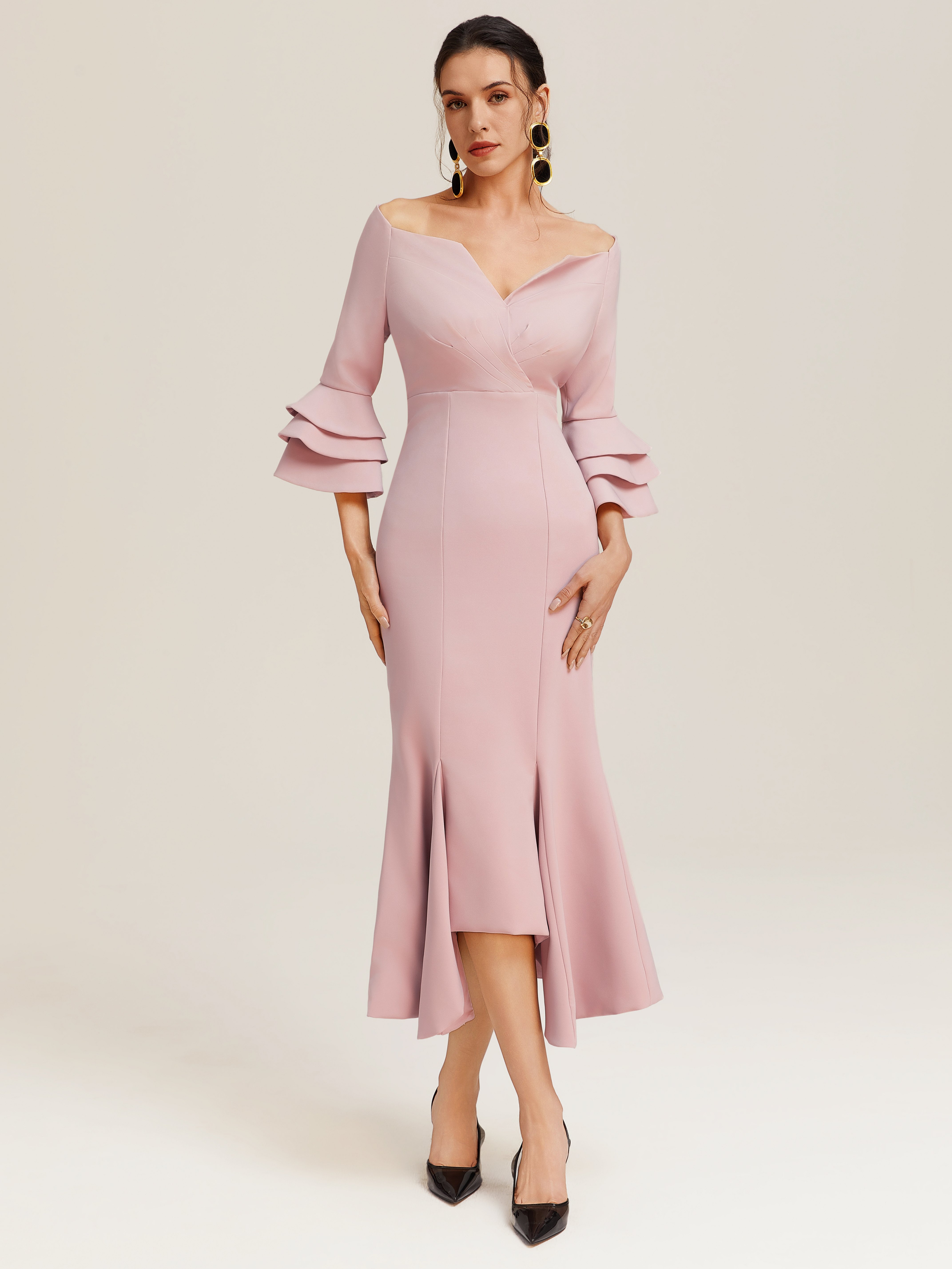 Pink Short Sleeve V Neck Regular Fit Ruched Maxi Elegant Dress For Summer