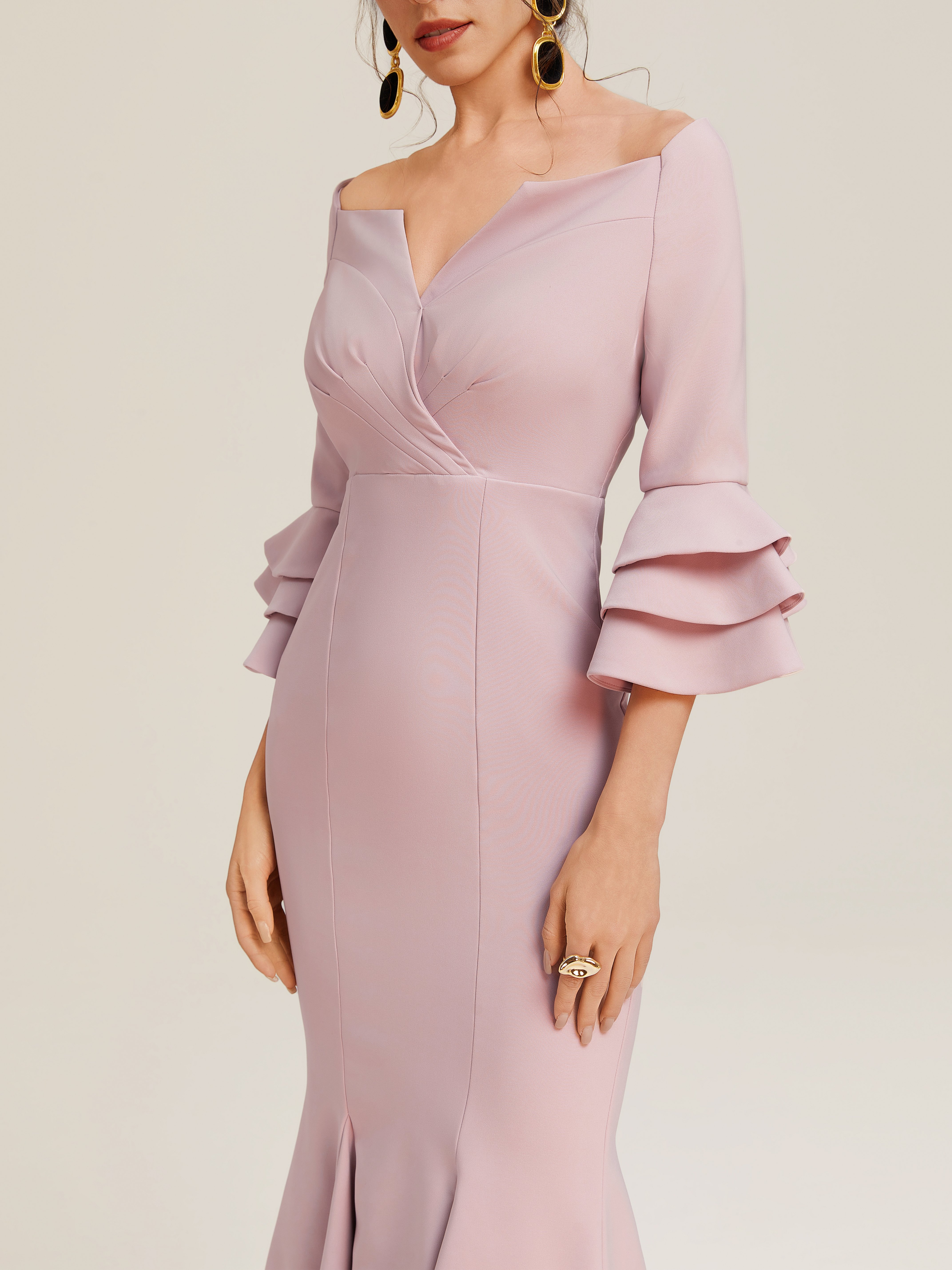 Pink Short Sleeve V Neck Regular Fit Ruched Maxi Elegant Dress For Summer
