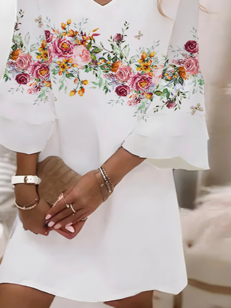 Women's Half Sleeve Summer White Floral Printing V Neck Daily Going Out Casual Midi H-Line Classic Dress