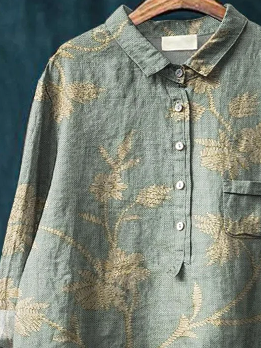 Women's Floral Spring Print Casual Half Collar Button-Down Shirt