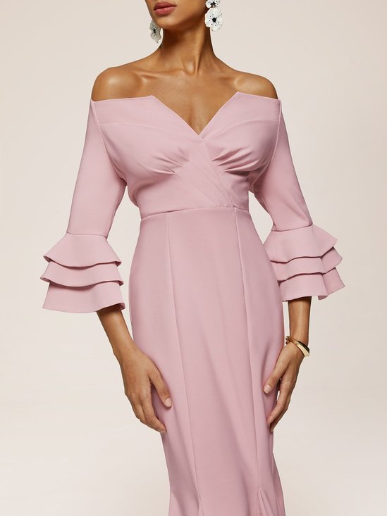 Pink Short Sleeve V Neck Regular Fit Ruched Maxi Elegant Dress For Summer