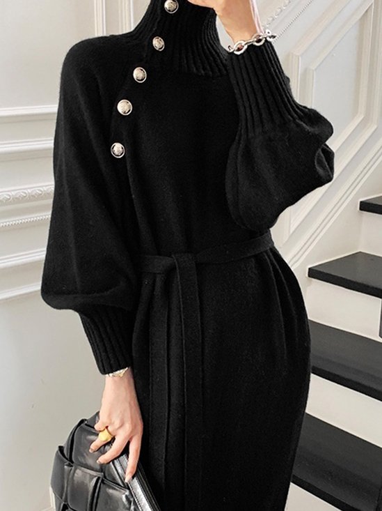 Long sleeve Loose Elegant Plain Midi Dress