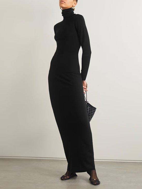 Urban Turtleneck Plain Long Sleeve Maxi Dress With No Belt