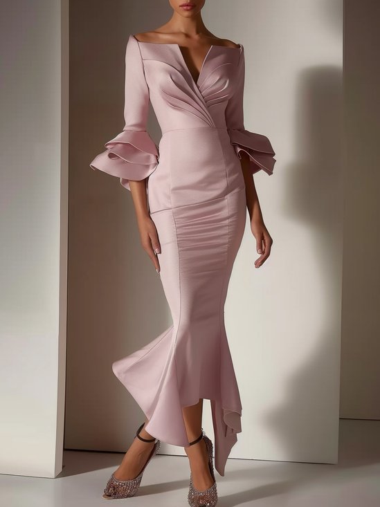 Pink Short Sleeve V Neck Regular Fit Ruched Maxi Elegant Dress For Summer