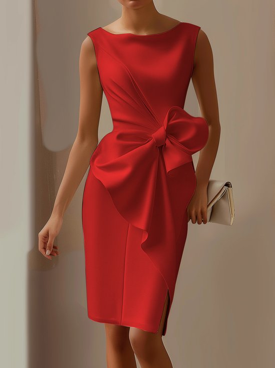 Urban Crew Neck Bow Plain Dress For Women