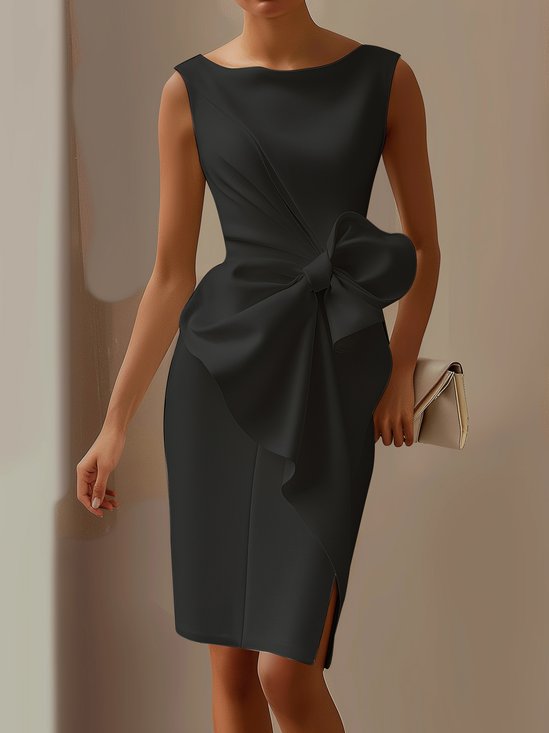 Urban Crew Neck Bow Plain Dress For Women