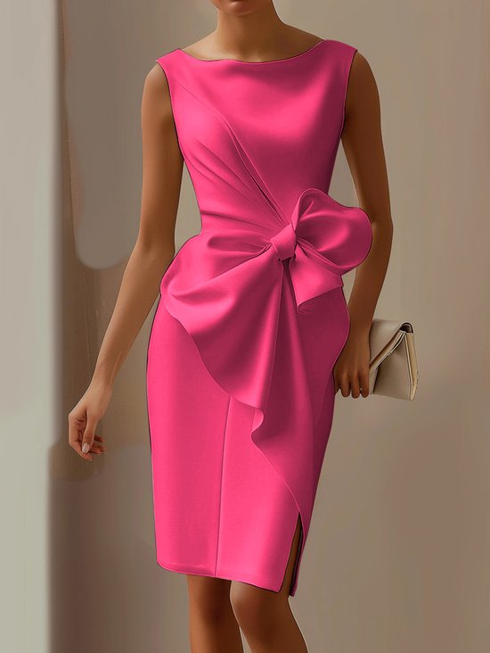 Urban Crew Neck Bow Plain Dress For Women