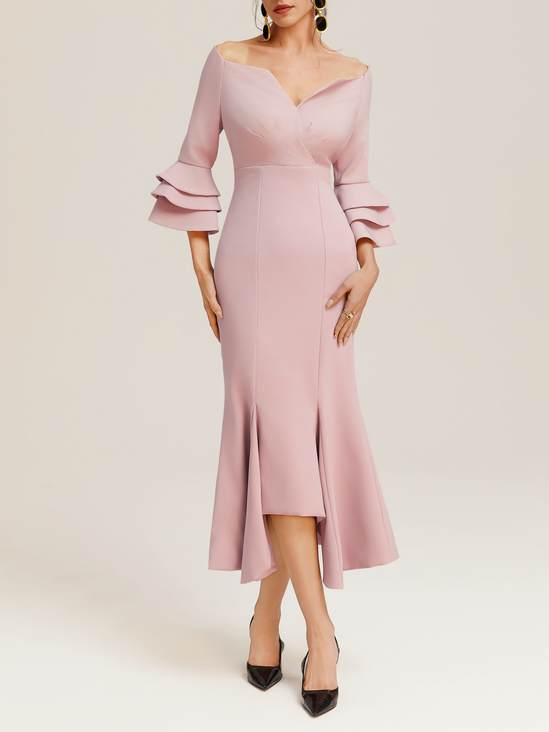 Pink Short Sleeve V Neck Regular Fit Ruched Maxi Elegant Dress For Summer