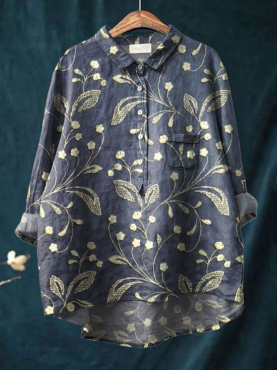 Women's Floral Spring Print Casual Half Collar Button-Down Shirt
