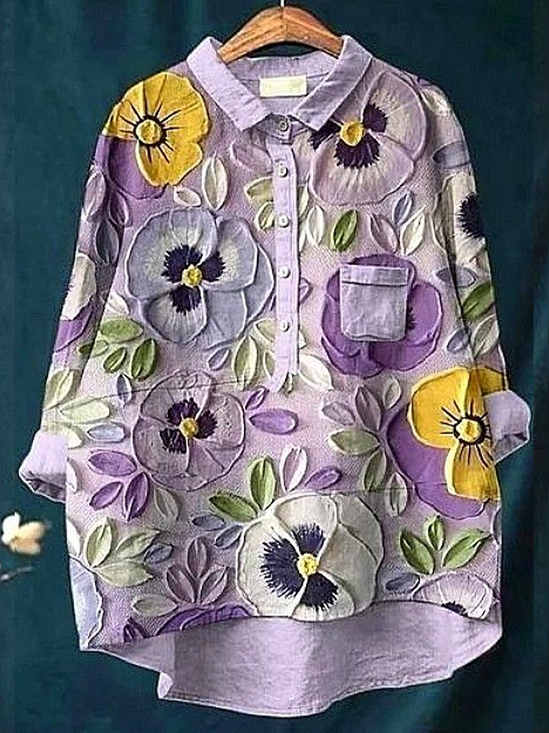 Women's Floral Spring Print Casual Half Collar Button-Down Shirt