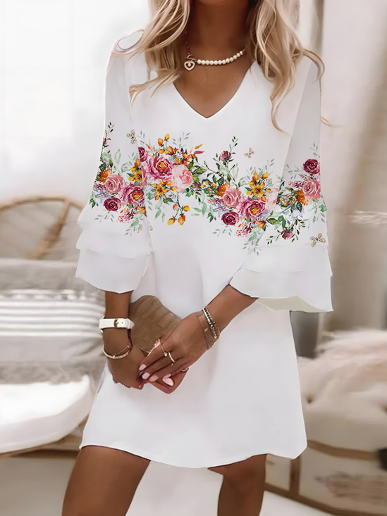 Women's Half Sleeve Summer White Floral Printing V Neck Daily Going Out Casual Midi H-Line Classic Dress
