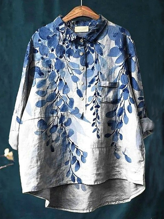 Women's Floral Spring Print Casual Half Collar Button-Down Shirt